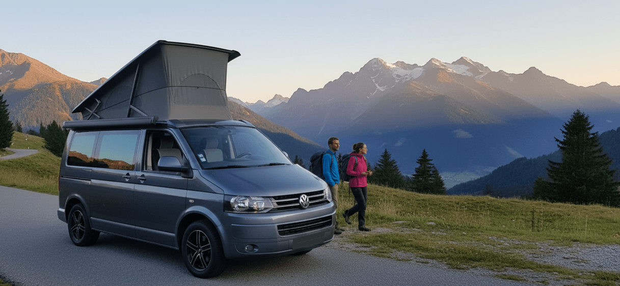 Location van aménagé montagne VW California avec toit relevable